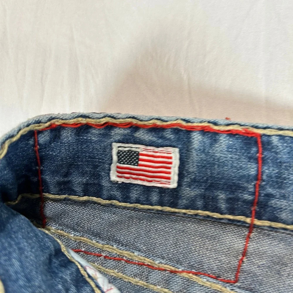 True Religion Ricky Super T Mens 40 Blue Jean Red Thick Stitch Straight Made USA